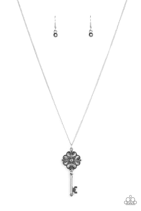 Got It On Lock - Silver Hematite Encrusted Dotted Vintage 3D Lock Key Necklace N#3525