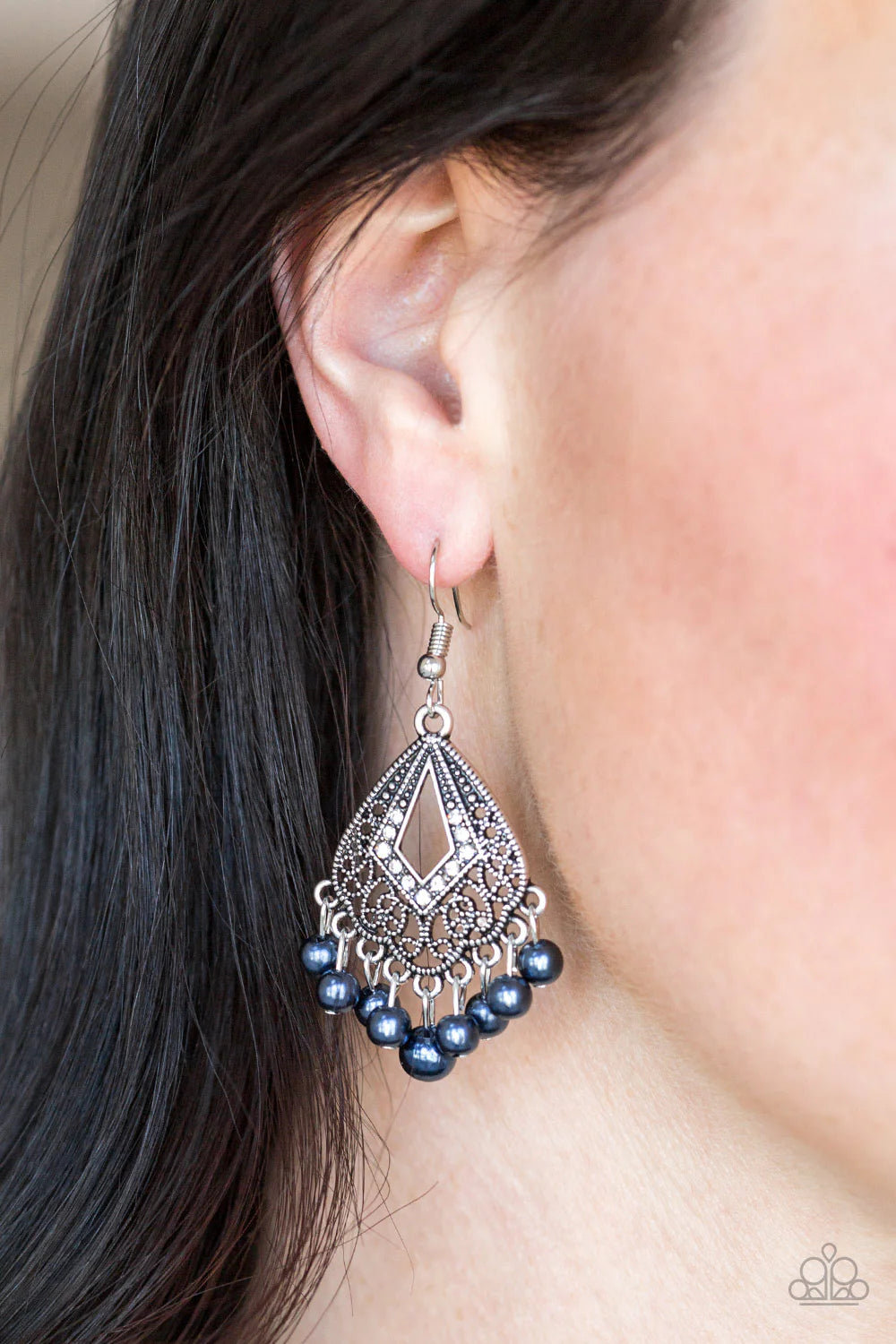 Gracefully Gatsby - Blue Pearl Ornate Encrusted Fringe Earrings E#7130