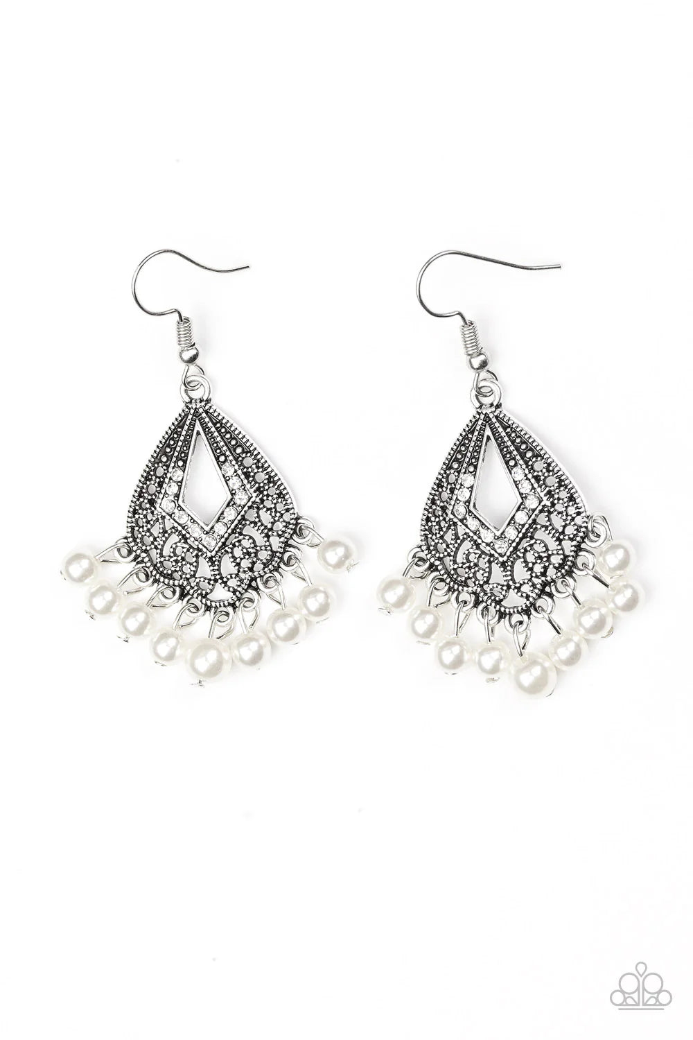 Gracefully Gatsby - White Pearl Ornate Encrusted Fringe Earrings E#7066