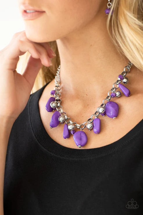 Grand Canyon Grotto - Purple Polished/Cloudy Faux Rocks Trickle Dance Fringe Necklace N#4110