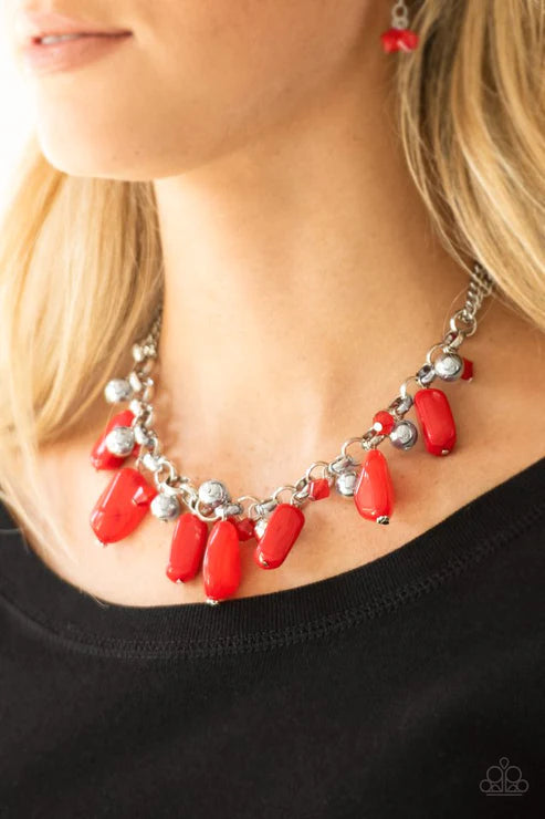Grand Canyon Grotto - Red Polished/Cloudy Faux Rocks Trickle Dance Fringe Necklace N#3989