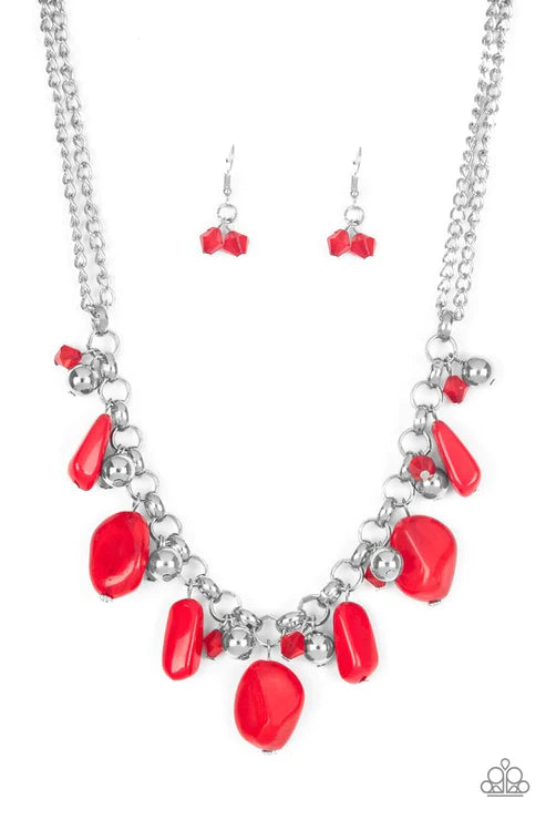 Grand Canyon Grotto - Red Polished/Cloudy Faux Rocks Trickle Dance Fringe Necklace N#3989
