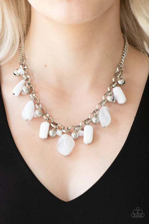 Grand Canyon Grotto - White Polished/Cloudy Faux Rocks Trickle Dance Fringe Necklace N#3988