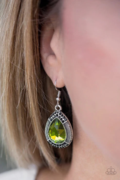 Grandmaster Shimmer - Green/Black Faceted Studded Encrusted Teardrop Earrings E#5722