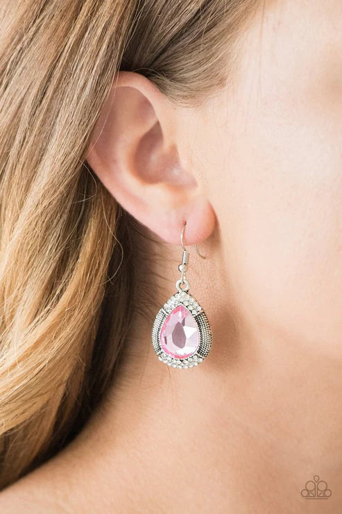 Grandmaster Shimmer - Pink/White Faceted Studded Encrusted Teardrop Earrings E#922