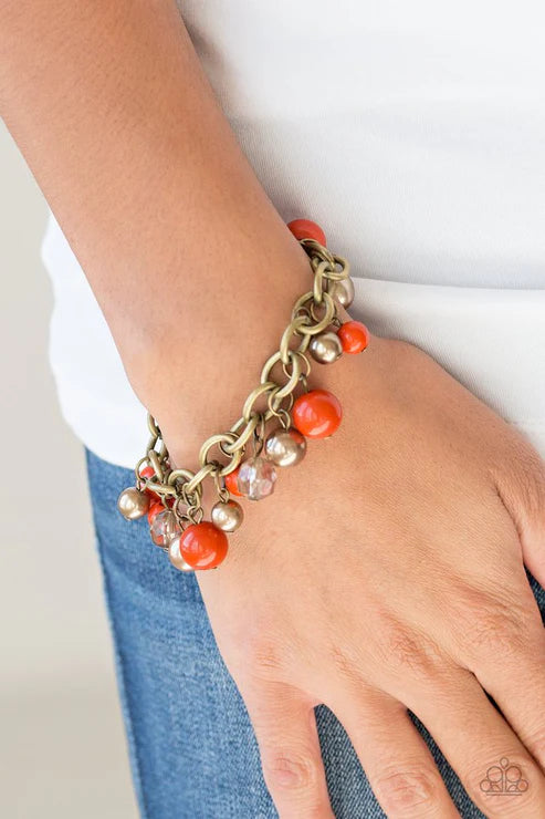 Grit and Glamour - Orange/Brass Pearl Crystal Fringe Bracelet B#7429