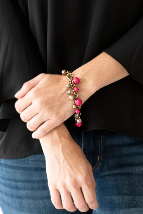Grit and Glamour - Pink/Brass Pearl Crystal Fringe Bracelet B#6456
