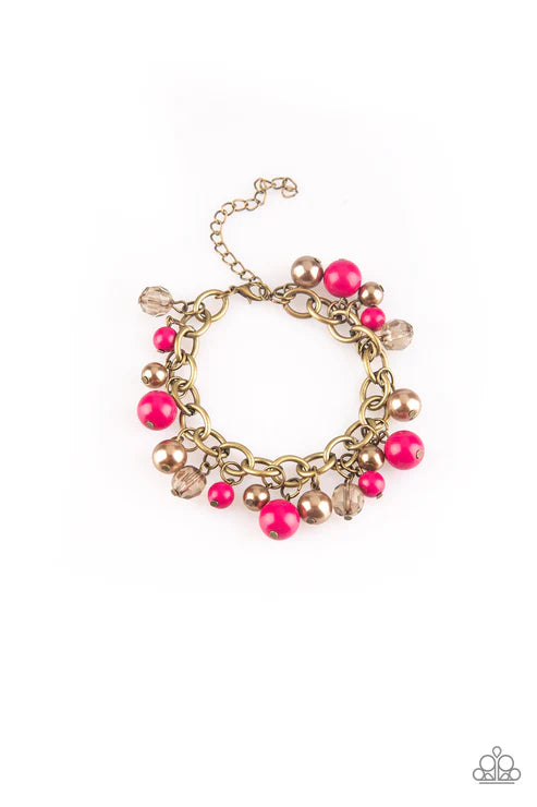 Grit and Glamour - Pink/Brass Pearl Crystal Fringe Bracelet B#6456