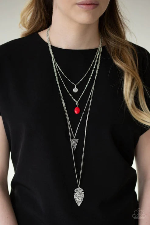 Grounded In ARTIFACT - Fiery Red Arrowhead Triangular Hammered Stone Disc Necklace N#3479