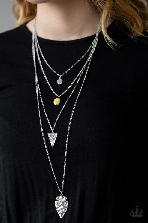 Grounded In ARTIFACT - Sunny Yellow Arrowhead Triangular Hammered Stone Disc Necklace N#3505