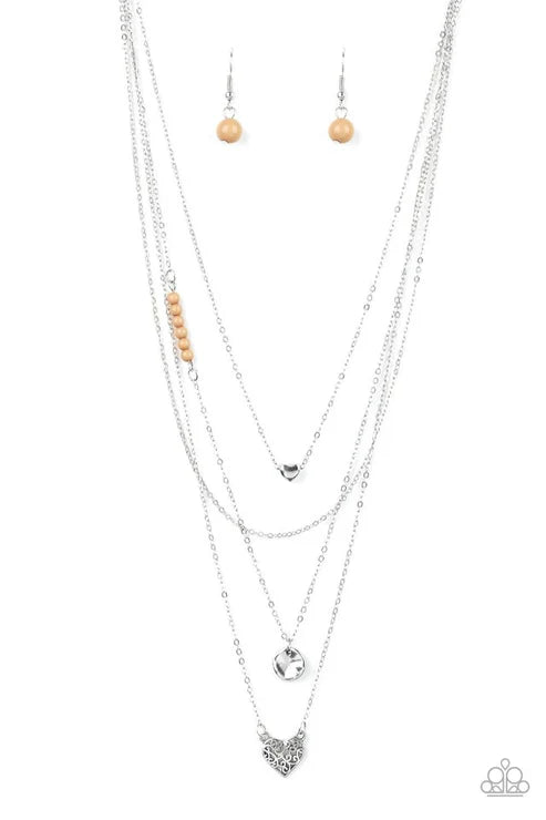 Gypsy Heart - Brown Layered Cascade 3D Hearts Hammered Disc Accent Necklace N#6329