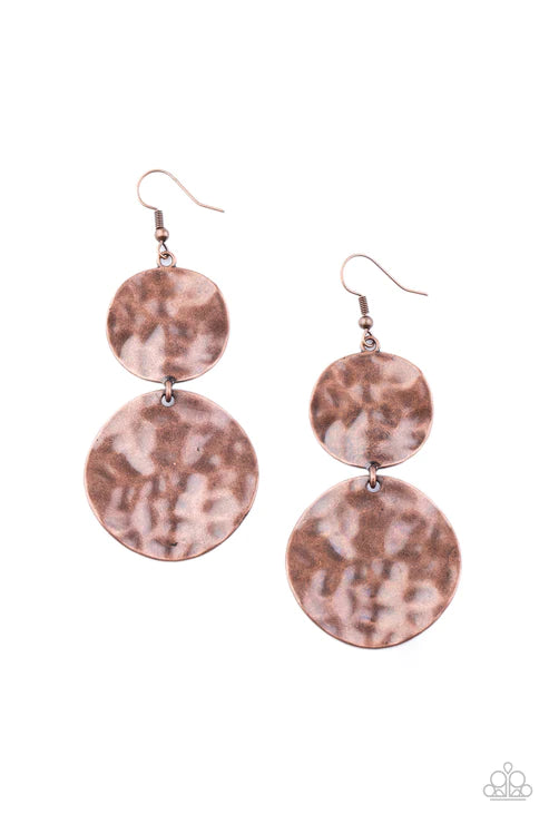 HARDWARE-Headed - Oversized Copper Imperfect Hammered Rippling Waves Textured Discs Dramatic Lure Industrial Edge Earrings E#2701