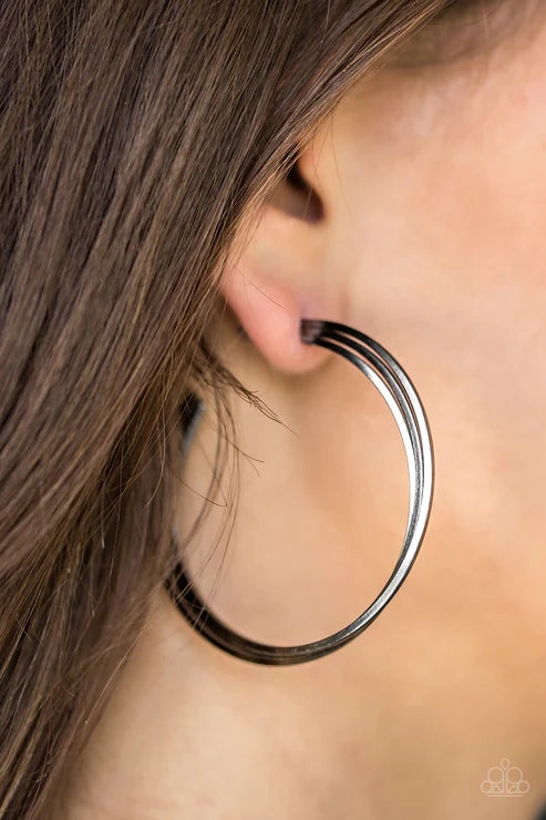 HAUTE Gossip - Oversized Black Trio Flat Curled Industrial Hoop Earrings E#3752