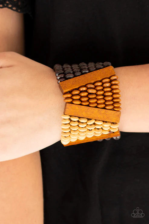 HAUTE In Hispaniola - Oversized Brown (Lt.Brown/Dk.Brown/Brown) Round/Rectangular Distressed Wood Bracelet B#4915