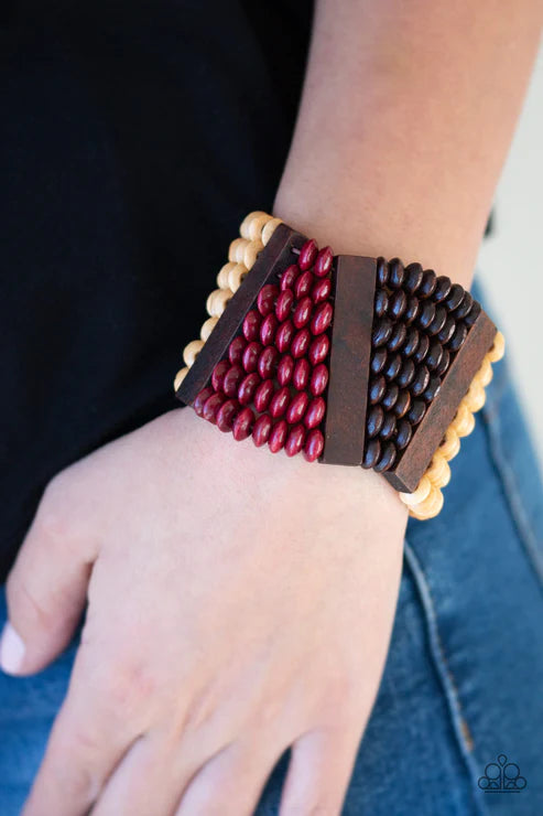 HAUTE In Hispaniola - Oversized Red (Lt.Brown/Dk.Brown/Red) Round/Rectangular Distressed Wood Bracelet B#4914