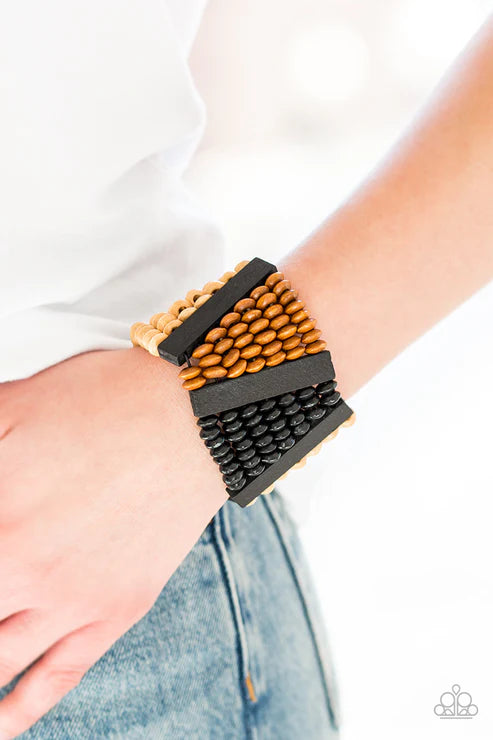 HAUTE In Hispaniola - Oversized Black (Lt.Brown/Dk.Brown/Black) Round/Rectangular Distressed Wood Bracelet B#4868