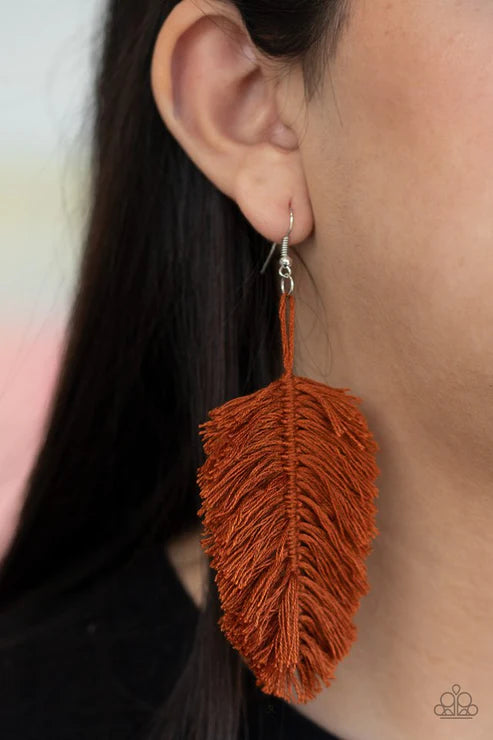 Hanging by a Thread - Brown Terracotta Leaf Fringe Earrings E#2714
