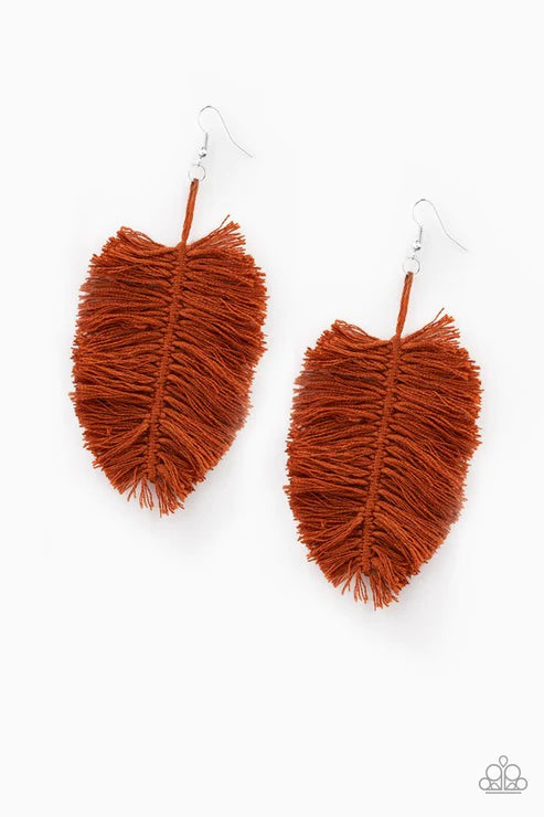 Hanging by a Thread - Brown Terracotta Leaf Fringe Earrings E#2714