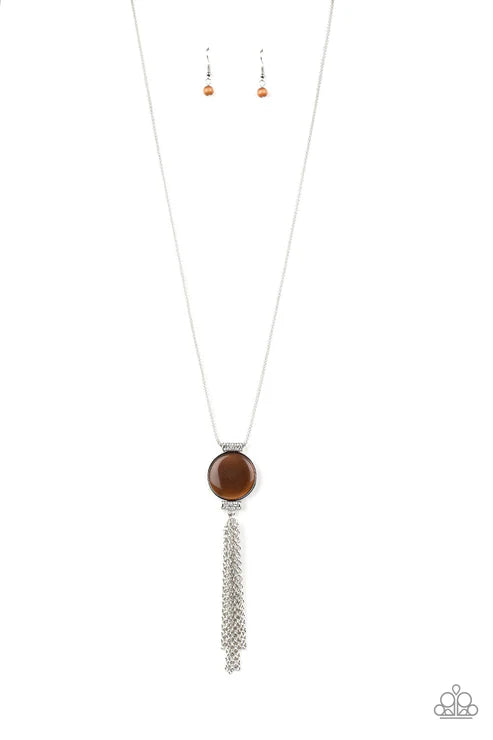Happy As Can BEAM - Brown Round Encrusted Cat's Eye Moonstone Mesh Tassel Necklace N #5003