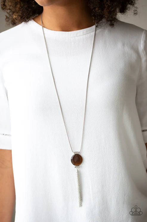 Happy As Can BEAM - Brown Round Encrusted Cat's Eye Moonstone Mesh Tassel Necklace N #5003