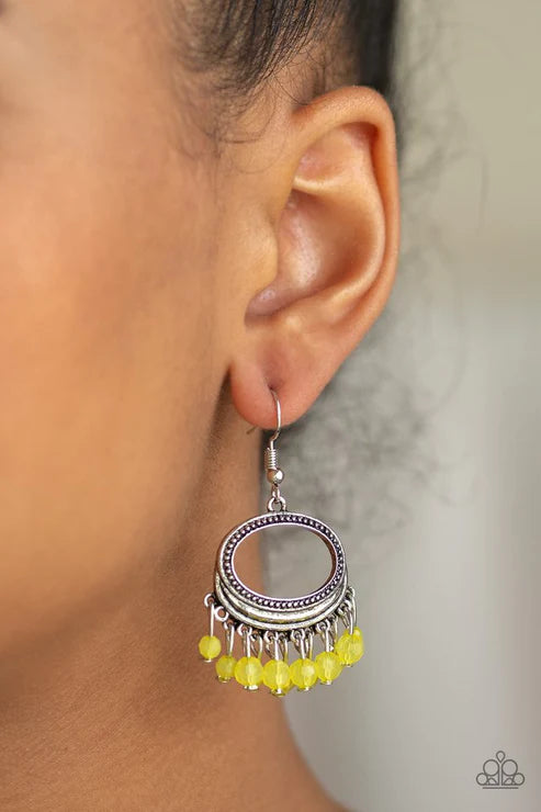 Happy Days - Yellow Opaque Crystal Round Studded Twinkling Fringe Earrings E#3964