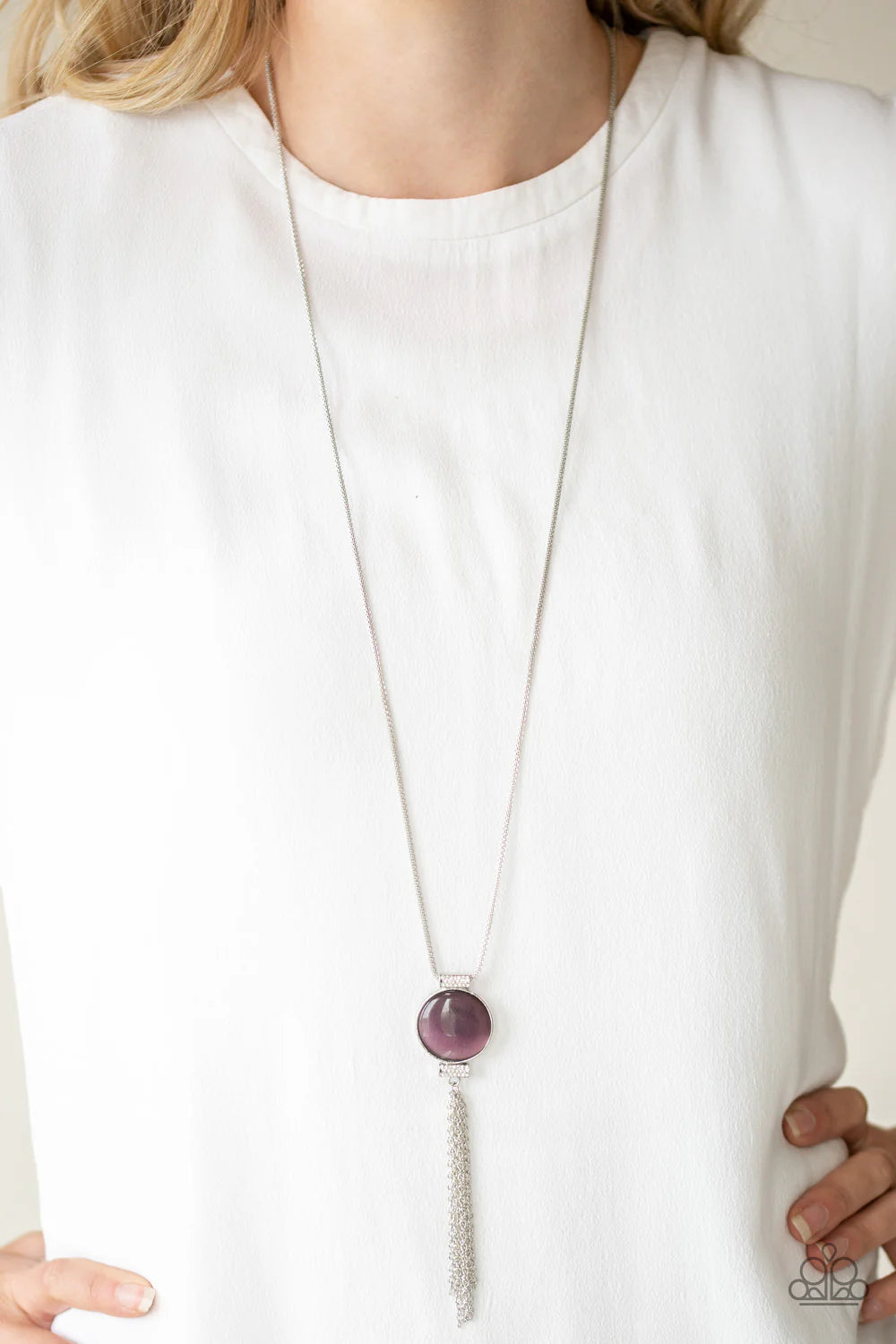 Happy As Can BEAM - Purple Round Encrusted Cat's Eye Moonstone Mesh Tassel Necklace N#7056