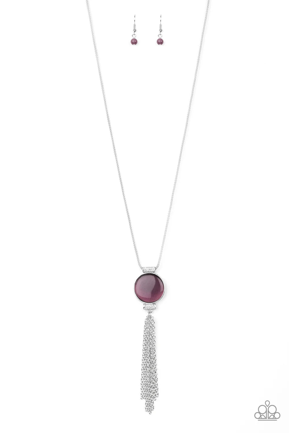 Happy As Can BEAM - Purple Round Encrusted Cat's Eye Moonstone Mesh Tassel Necklace N#7056