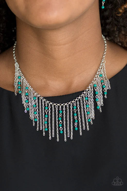 Harlem Hideaway - Green Quetzal Tassel Chains Stream Fringe Necklace N#3572