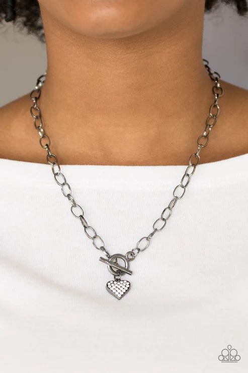 Harvard Hearts - Black/Gunmetal 3D Heart Encrusted Tiffany Clasp Necklace N#3962