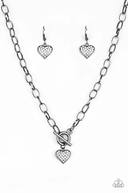 Harvard Hearts - Black/Gunmetal 3D Heart Encrusted Tiffany Clasp Necklace N#3962