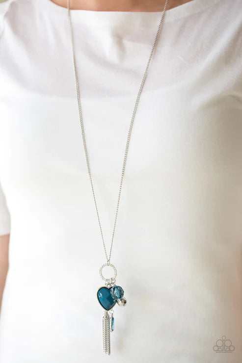 Haute Heartbreaker - Oversized Blue Infused Faceted 3D Heart Accent Encrusted Tassel Necklace N#2949