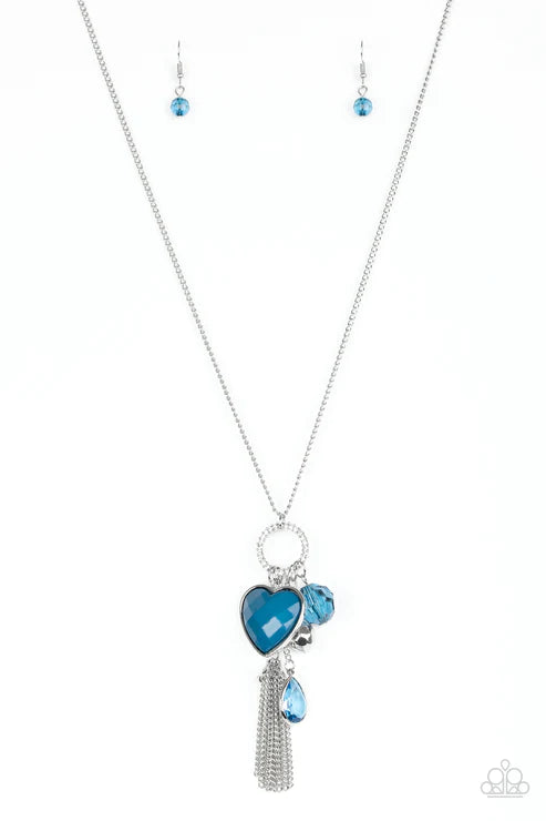 Haute Heartbreaker - Oversized Blue Infused Faceted 3D Heart Accent Encrusted Tassel Necklace N#2949