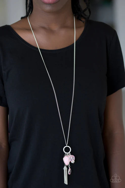 Haute Heartbreaker - Oversized Pink Infused Faceted 3D Heart Accent Encrusted Tassel Necklace N#3013