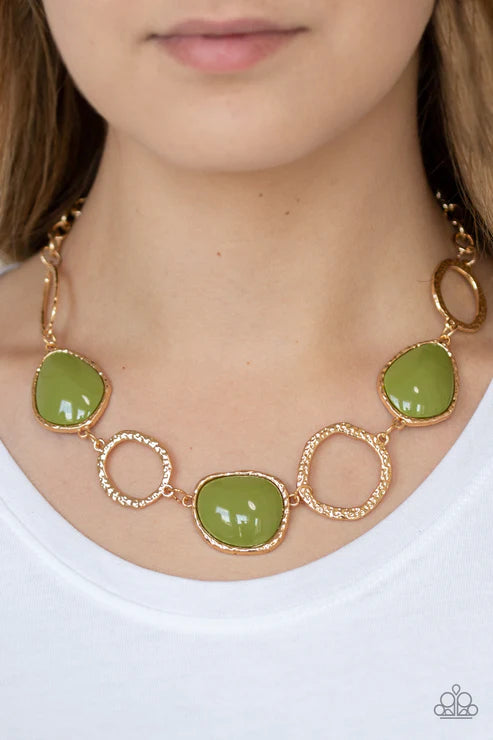 Haute Heirloom - Green/Gold Asymmetrical Hammered Textured Ring Necklace N#4020