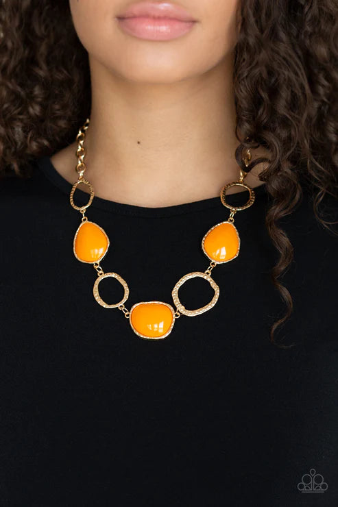 Haute Heirloom - Orange/Gold Asymmetrical Hammered Textured Ring Necklace N#2804