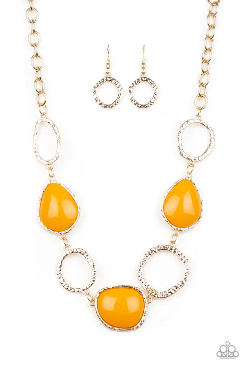 Haute Heirloom - Orange/Gold Asymmetrical Hammered Textured Ring Necklace N#2804