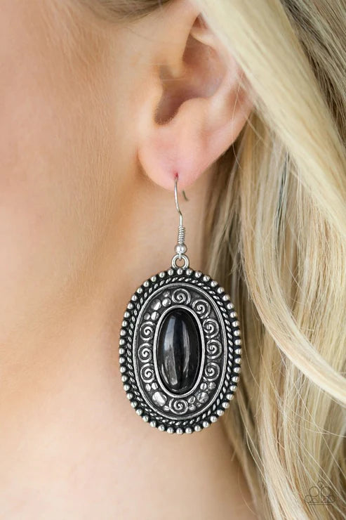 Haute Hacienda -Oversize Black Embossed Studded/Spiral Earrings E#7337