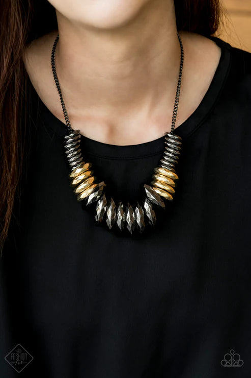 Haute Hardware - Oversized Multi (Gunmetal/Gold) Collision Slide Along Faceted Rings Industrial Necklace N#6744