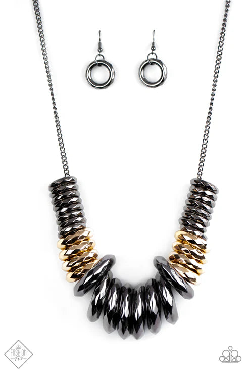 Haute Hardware - Oversized Multi (Gunmetal/Gold) Collision Slide Along Faceted Rings Industrial Necklace N#6744