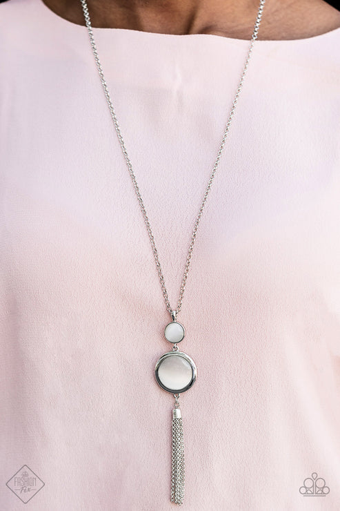 Have Some Common SENSEI - White Duo Stacked Cat's Eye Moonstone Pendants Tassel Necklace N#6583