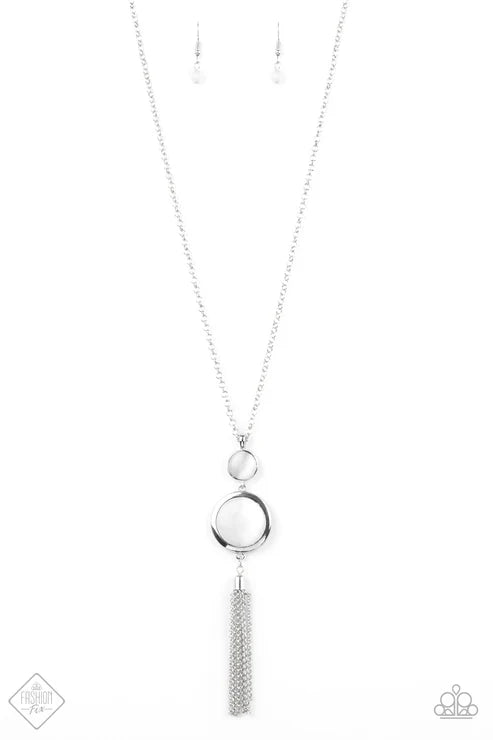 Have Some Common SENSEI - White Duo Stacked Cat's Eye Moonstone Pendants Tassel Necklace N#6583