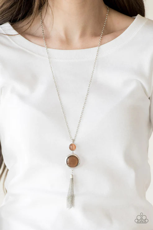 Have Some Common SENSEI - Brown Duo Stacked Cat's Eye Moonstone Pendants Tassel Necklace N#7019