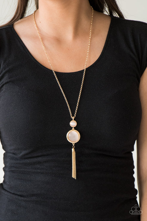 Have Some Common SENSEI - Gold Duo Stacked Cat's Eye Moonstone Pendants Tassel Necklace N#7031