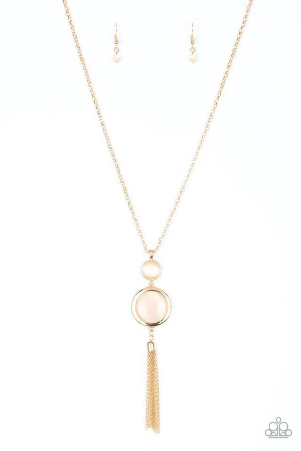 Have Some Common SENSEI - Gold Duo Stacked Cat's Eye Moonstone Pendants Tassel Necklace N#7031