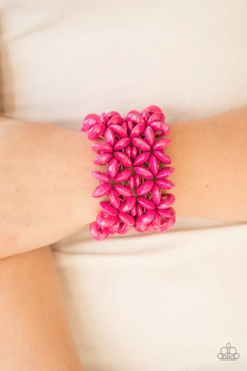Hawaii Haven - Pink Summery Floral Distressed Wooden Accent Bracelet B#4927