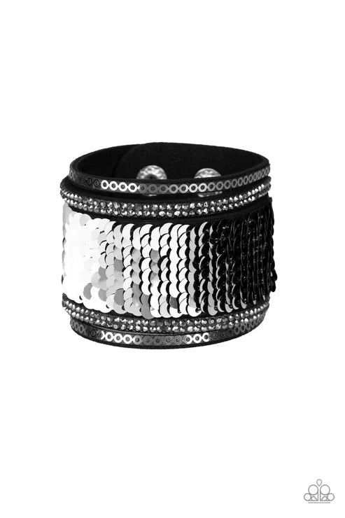 Heads Or MERMAID Tails - Black/Silver Spliced Stitched Reversible Sequins Infused Smoky Hematite Metallic Accents Suede Bracelet B#7240