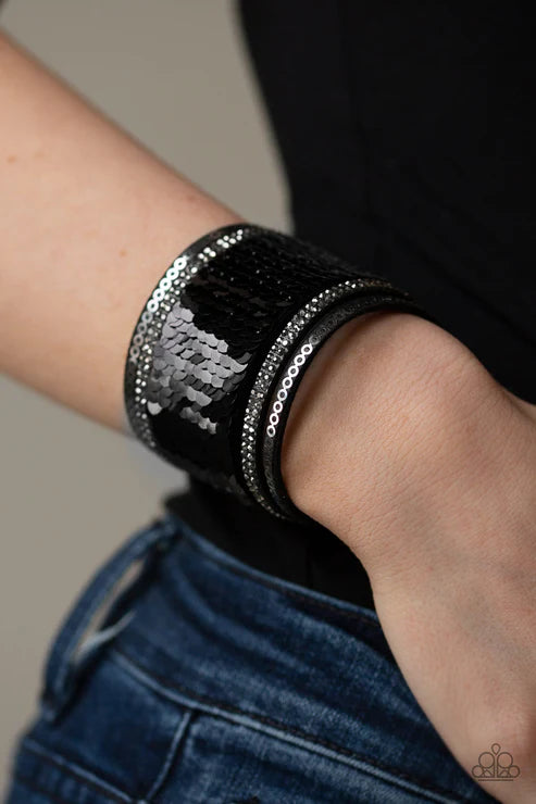 Heads Or MERMAID Tails - Black/Silver Spliced Stitched Reversible Sequins Infused Smoky Hematite Metallic Accents Suede Bracelet B#7240