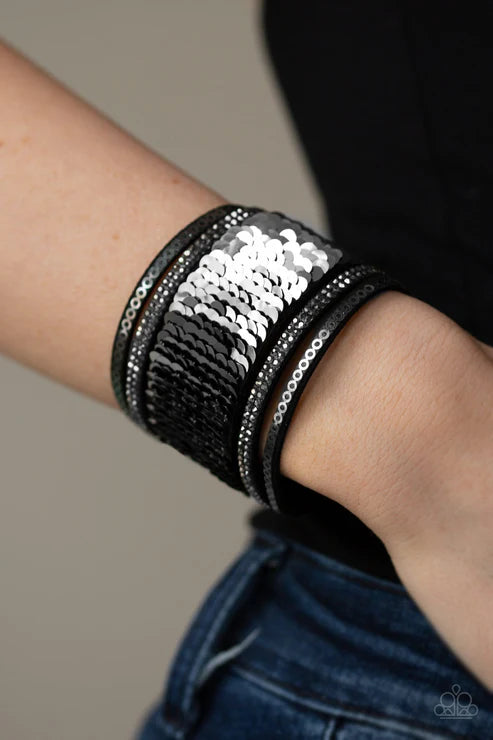 Heads Or MERMAID Tails - Black/Silver Spliced Stitched Reversible Sequins Infused Smoky Hematite Metallic Accents Suede Bracelet B#7240