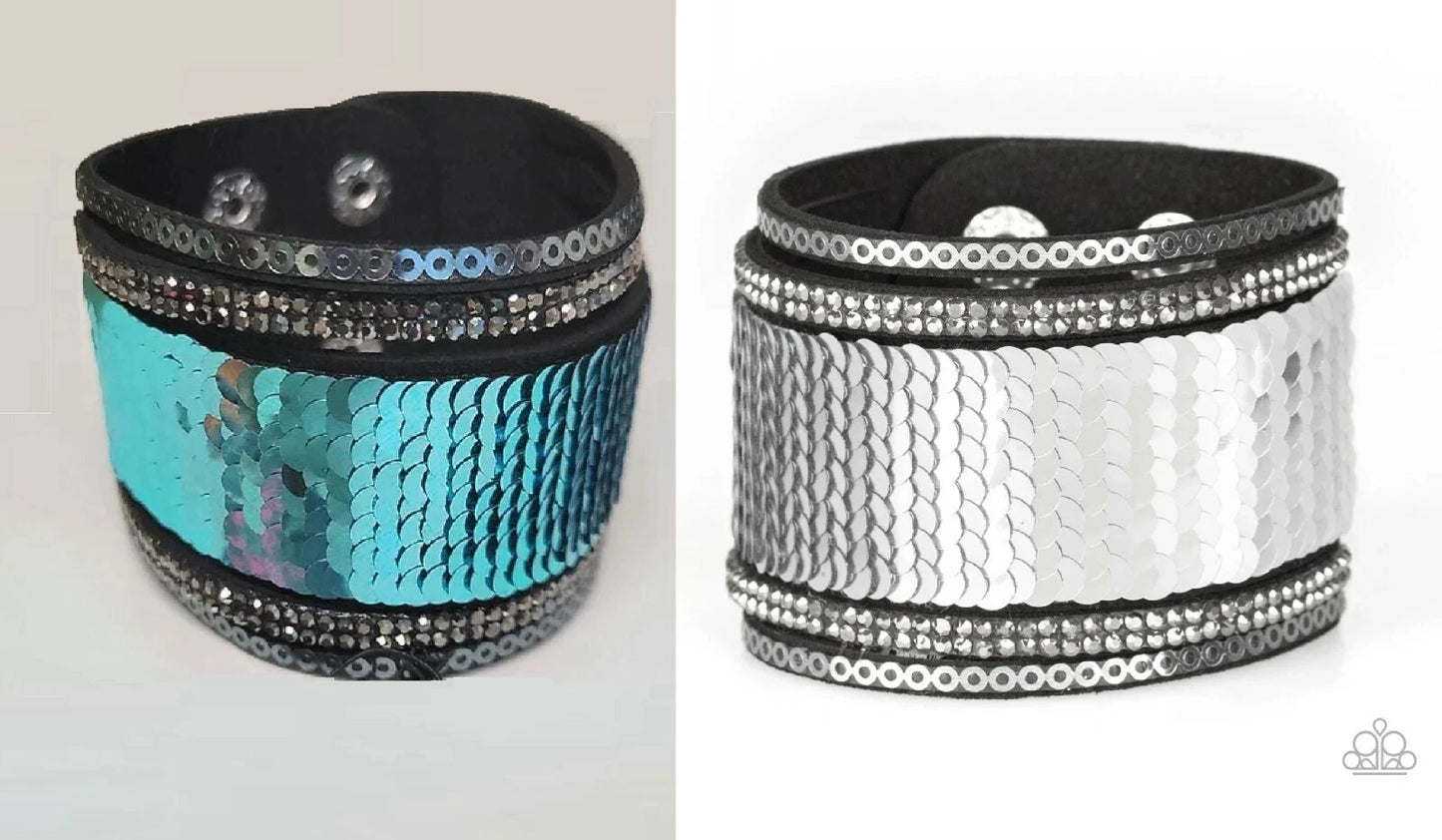 Heads Or MERMAID Tails - Blue/Sliver Spliced Stitched Reversible Sequins Infused Smoky Hematite Metallic Accents Suede Bracelet B#7249