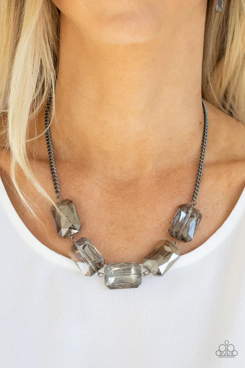 Heard It On The HEIR-Waves - Oversized Black Smoky Icy Iridescent Emerald Cut Link Necklace N#3260